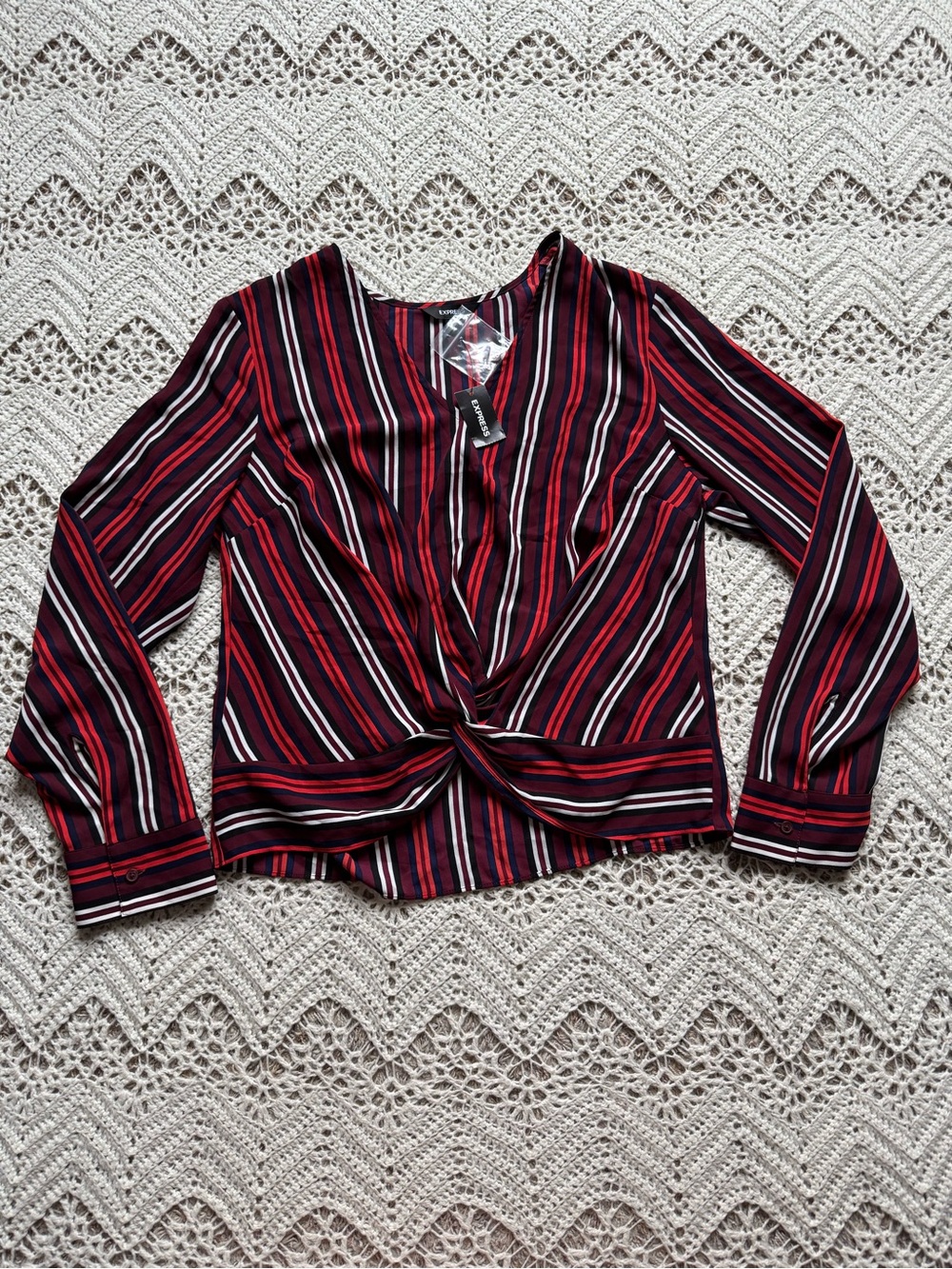 NWT Express Striped Twist-Front Long Sleeve Blouse Red/Black Medium Business Top